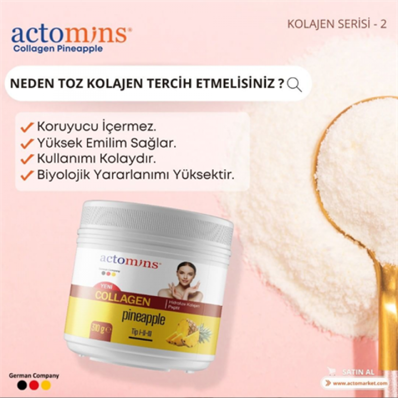 ACTOMINS® Collagen Pineapple 310 gr | Hidrolize Kolajen İçeren Takviye Edici Gıda